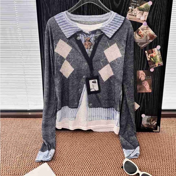 Acne Blue and Cream Argyle Cardigan - Picture 1 of 4